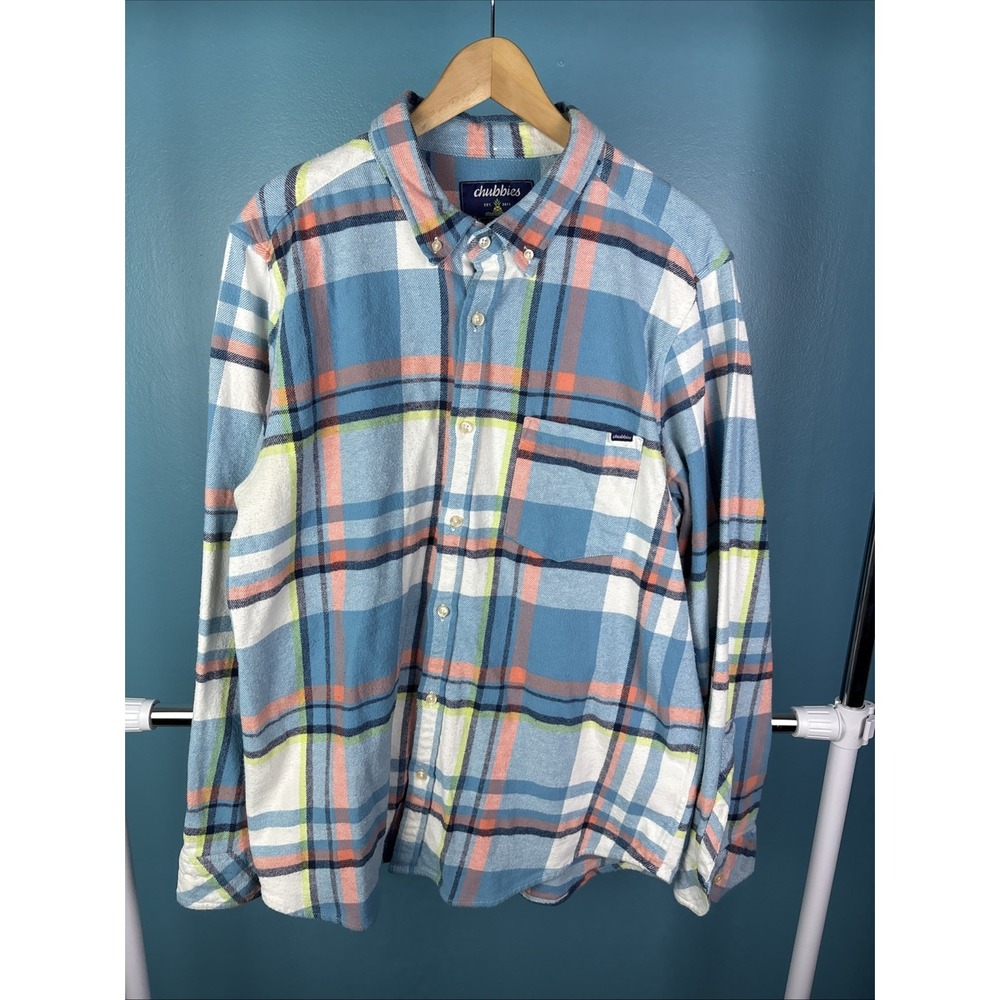 Chubbies Flannel Shirt Men XL‎ Blue White Orange Plaid Stretch Button-Down